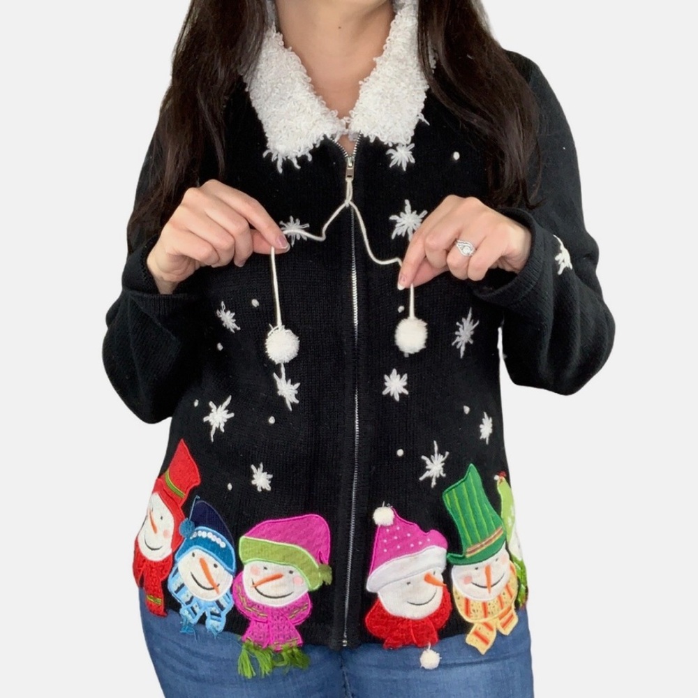 ALL POINTS Christmas Holiday Festive Snowman Snowflakes Black Cardigan L/S Small